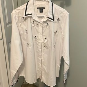 White blouse with snowmen and rhinestones Size 16 NWT
